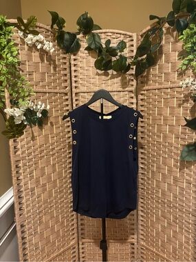 Michael Kors Navy Sleeveless Tank with Gold Eyelet Accents